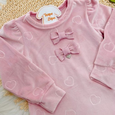 Vestido Manga Longa em Plush Corações e Laços - Rose 